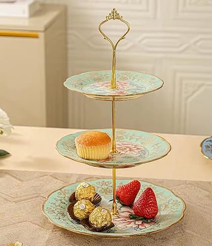 3-Etagen-Keramik Vintage Kuchen Stand mit schönen klassischen Rose Muster, Lebensmittel Rack für die Anzeige von Kuchen-Platte (Green) von CHANJOON