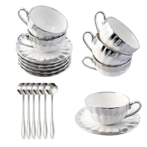 CHANJOON Set von 6 Teetassen Tee Tablett Teelöffel, 6 oz Keramik Kaffeebecher Set mit galvanischen Goldrand und Geschenk-Box, Kaffeebecher, weißer Tee Becher Set, (silver color, medium) von CHANJOON