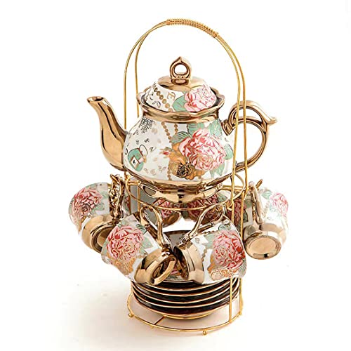Gold Plated Red Rose Ceramic Tea Set, Vintage Tea Set with Teapot, Beautiful Tea Set Coffee Serving 6 People (gilded rose L) von CHANJOON