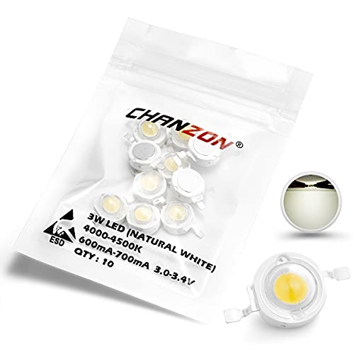 CHANZON 10 Stück High Power LED Chip 3W Naturweiß (4000K - 4500K/600mA - 700mA/DC 3V - 3.4V/3 Watt) Superhelle Intensität SMD COB Licht Emitter Komponenten Diode Birne Lampe Perlen DIY Beleuchtung von CHANZON