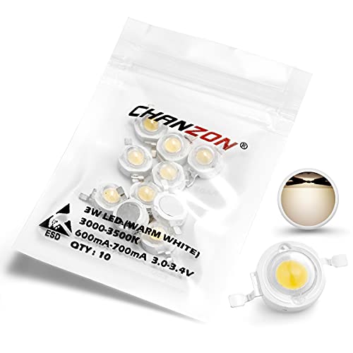 CHANZON 10 Stück High Power LED Chip 3W Warmweiß 3000K - 3500K (Eingang 600mA - 700mA/DC 3V - 3.4V/3 Watt) Superhelle Intensität SMD COB Licht Emitter Komponenten Diode Lampe Perlen DIY Beleuchtung von CHANZON
