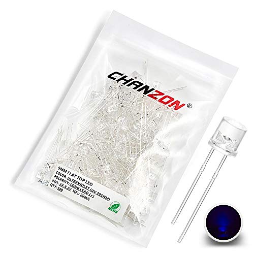 CHANZON 100 Stück 5mm Lila UV Flat Top LED Diodenlichter (Violett klare transparente Linse) Helle Glühbirnen Lampen Elektronikkomponenten Anzeige Leuchtdioden von CHANZON