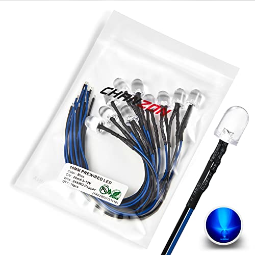 CHANZON [UL-Kabel] 10 Stück vorverdrahtete 10mm blaue LED-Diodenlichter (runde transparente Linse DC 12V) mit 560 Ohm 1/4W Widerstand und 24awg Drahtanzeige Leuchtdioden Beleuchtung 10mm LED von CHANZON