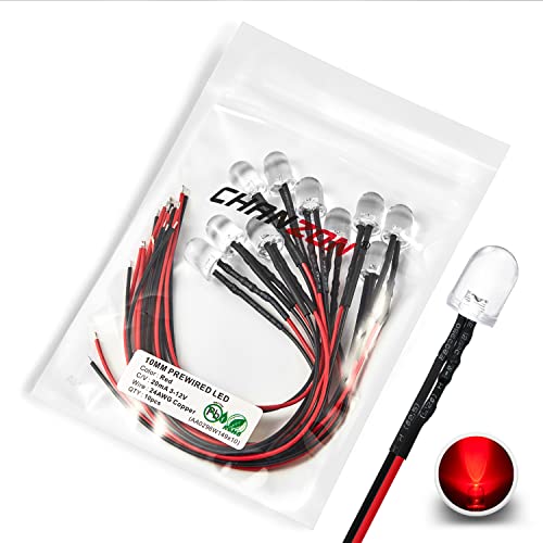 CHANZON [UL-Kabel] 10 Stück vorverdrahtete 10mm rote LED-Diodenlichter (runde transparente Linse DC 12V) mit 680 Ohm 1/4W Widerstand und 24awg Drahtanzeige Leuchtdioden Beleuchtung 10mm LED von CHANZON