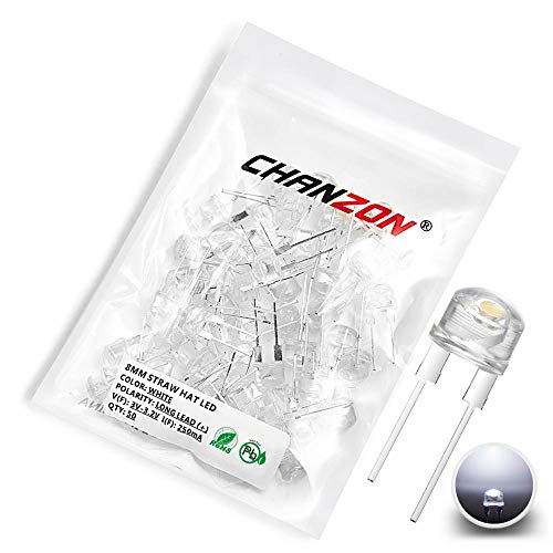 Chanzon 50 Stück 8mm weiße LED-Dioden lichter (Strohhut Klar Transparent DC 3V 250mA) Helle Glühbirnen Lampen Elektronikkomponenten Anzeigelicht emittierende Dioden von CHANZON