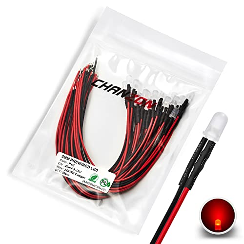 CHANZON [UL-Kabel] 20 Stück vorverdrahtete 5 mm rote LED-Diodenlichter (Rund diffus mattierte Linse DC 12 V) mit 680 Ohm 1/4 W Widerstand und 24 AWG Drahtanzeige Leuchtdioden Beleuchtung 5 mm LED von CHANZON