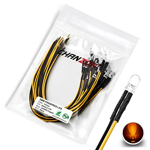 CHANZON [UL-Kabel] 20 Stück vorverdrahtete 5mm gelbe LED-Diodenlichter (klare runde transparente Linse DC 12V) mit 680 Ohm 1/4W Widerstand und 24awg Drahtanzeige Leuchtdioden Glühbirne 5mm LED von CHANZON