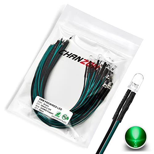 [UL-Kabel] Chanzon 20 Stück vorverdrahtete 5mm grüne LED-Diodenlichter (klare runde transparente Linse DC 12V) mit 560 Ohm 1/4W Widerstand und 24awg Drahtanzeige Leuchtdioden Glühbirne 5mm LED von CHANZON