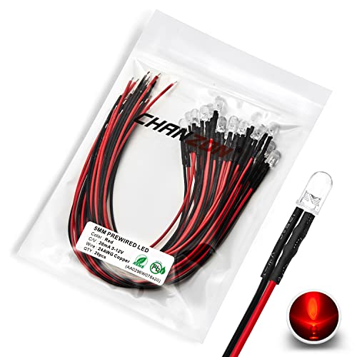 [UL-Kabel] Chanzon 20 Stück vorverdrahtete 5mm rote LED-Diodenlichter (klare runde transparente Linse DC 12V) mit 680 Ohm 1/4W Widerstand und 24awg Drahtanzeige Leuchtdioden Glühbirne 5mm LED von CHANZON