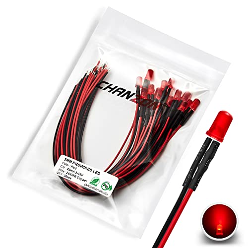 CHANZON [UL-Kabel] 20 Stück vorverdrahtete 5mm rote Linsen-LED-Dioden-Rotlichter (Rund diffus mattierte Linse DC 12 V) mit 680 Ohm 1/4 W Widerstand und 24 AWG-Draht-Anzeige Leuchtdioden von CHANZON