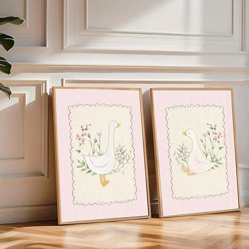 2er-Set, rosa, alberne Gans, Kinderzimmer-Poster, Leinwanddruck, neutral, minimalistisch, niedlich, Bauernhaus, Tier, Babyzimmer, Mädchenzimmer, Wandkunst, Dekor (50 x 70 x 2 cm/Leinwand umwickelt) von CHAOJIART