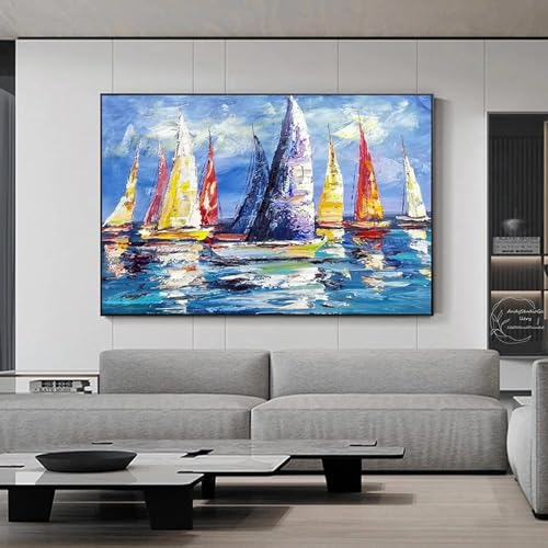 CHAOJIART Großes abstraktes nautisches Segelboot-Ölgemälde, buntes abstraktes Segelboot-Gemälde, blaues Meer, Wandkunst, Bilder für Heimdekoration, 60 x 90 cm, rahmenlos von CHAOJIART