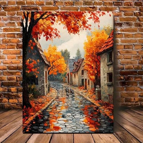 CHAOJIART Leinwandbild „Herbststraße“, Bilder, Kopfsteinpflaster-Dorflandschaft, rustikales Herbstlaub-Dekor für Wohnzimmer (40 x 60 cm/Leinwand umwickelt) von CHAOJIART