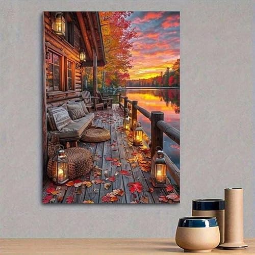 CHAOJIART Leinwandbild mit Sonnenuntergang am Herbstsee, rustikaler Hüttendekordruck für Wohnzimmer, Herbstlaub-Landschaftsmalerei, Naturlandschaft (50 x 70 cm/Leinwand umwickelt) von CHAOJIART