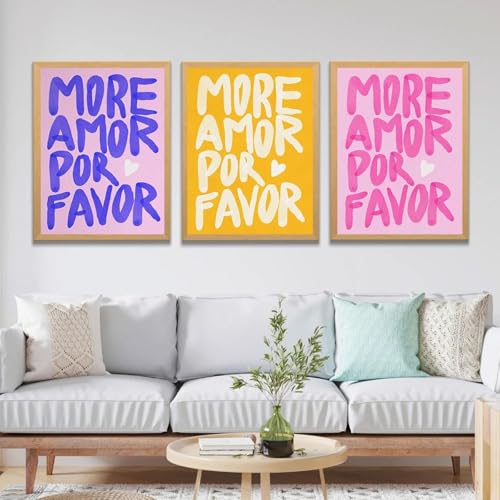 CHAOJIART Maximalist More Amor Por Favor Eklektisches, farbenfrohes Liebeszitat, Wandkunst, Leinwandgemälde, Poster, rosa Drucke, Wohnzimmerdekoration, 70 x 100 cm (28 x 39 Zoll) X3, rahmenlos von CHAOJIART