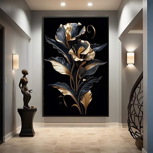 CHAOJIART Moderne schwarze und goldene Blumen-Leinwandkunst, abstrakte dunkle Blumen, luxuriöse Wanddekoration für Gang, Wohnzimmer, Eingangsbereich und Schlafzimmer (50 x 70/Leinwand umwickelt) von CHAOJIART