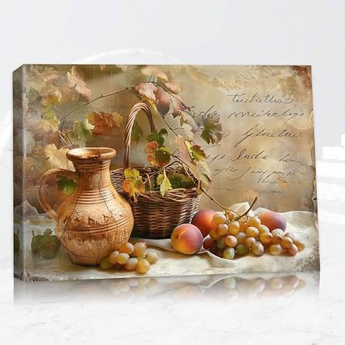 CHAOJIART Rustikaler Stillleben-Kunstdruck auf Leinwand – Vintage-Dekor mit Obst und Herbstblättern für Esszimmer, Küchendekor im Landhausstil (30 x 50 cm/rahmenlos) von CHAOJIART