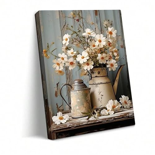 CHAOJIART Rustikales Bauernhaus-Wandbild auf Leinwand mit Blumenmuster – Weißer Gänseblümchenstrauß im Used-Look im Landhausstil, Stilllebendruck für Küchendekoration (70 x 100 cm/rahmenlos) von CHAOJIART