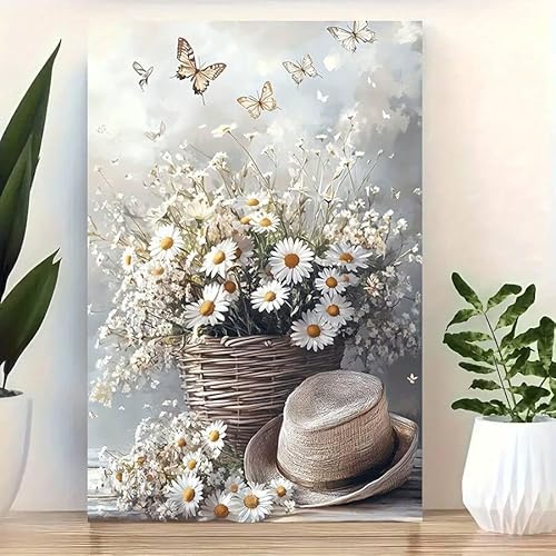 CHAOJIART Rustikales Bauernhaus-Wandbild auf Leinwand mit Gänseblümchen und Schmetterlingen, Strohhut, weiße Blumen im Weidenkorb, Wohnzimmer-Dekor (20 x 30 cm/rahmenlos) von CHAOJIART