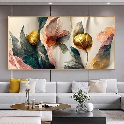 CHAOJIART Vintage Gold Grün Rosa Blumen Poster Wandkunst Große Leinwand Malerei Drucke Bilder Wohnzimmer Inneneinrichtung 90x180cm Rahmenlos von CHAOJIART