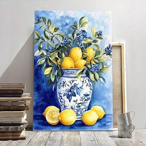 CHAOJIART Zitronen-Stillleben, blau-weiße Porzellanvase, Aquarell-Wanddruck auf Leinwand – Retro-Poster-Dekor für Wohnzimmer (70 x 100 cm/rahmenlos) von CHAOJIART