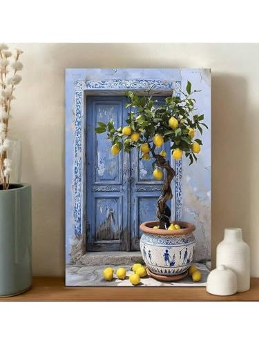 Mediterraner Zitronenbaum, Leinwandbild, rustikaler blauer Tür-Zitronendruck, italienische Kunst, ästhetisches Bild, blau-gelbes Küchendekor (60 x 80 cm/Leinwand umwickelt) von CHAOJIART