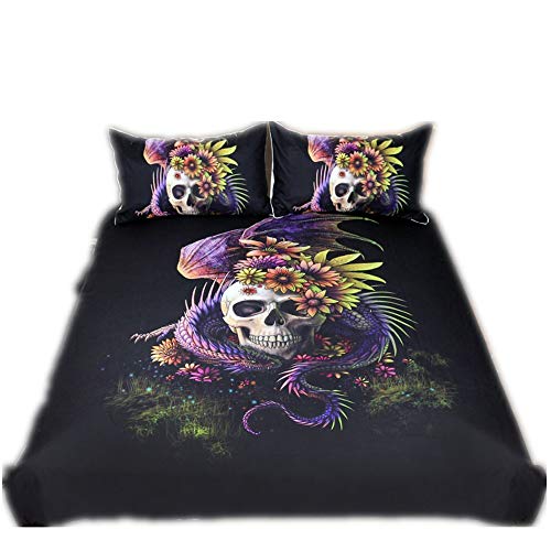 CHAOSE Bettwäsche Set,Superweiche Polyester-Baumwolle,3-teilig (1 Bettbezug + 2 Kissenbezüge 48x74cm) (Dragon Spiralschädel, Double Size(200x200CM 1.8M Breites Bett)) von CHAOSE