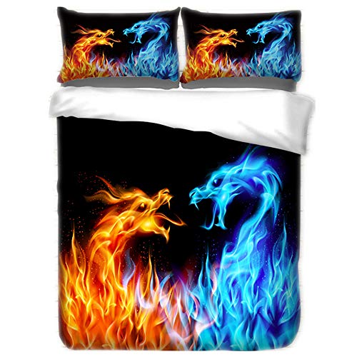 CHAOSE EIN Lied von EIS und Feuer Bettwäsche Set,Superweiche Polyester-Baumwolle,3-teilig (1 Bettbezug + 2 Kissenbezüge 48x74cm) (Eisdrache und Feuerdrache, Double Size(200x200CM 1.8M Breites Bett)) von CHAOSE