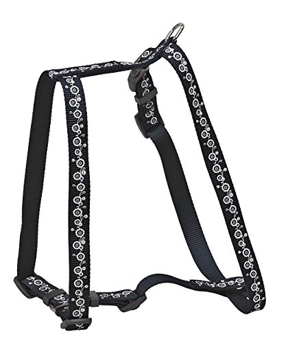 CHAPUIS SELLERIE Geschirr verstellbar Gitarrengurt aus Nylon für Hunde Motiv Blumen Schwarz Breite 25 mm Maße 70 – 90 cm Größe XL von CHAPUIS SELLERIE