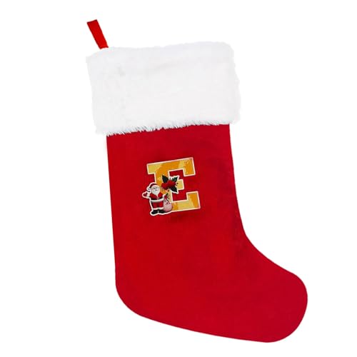 CHARMMYFASHION Personalisierte Weihnachtsstrümpfe mit Buchstaben, 28 cm, Bestickter Nikolausstrumpf, Weiße Plüschbündchen, 24 Stück (E) von CHARMMYFASHION
