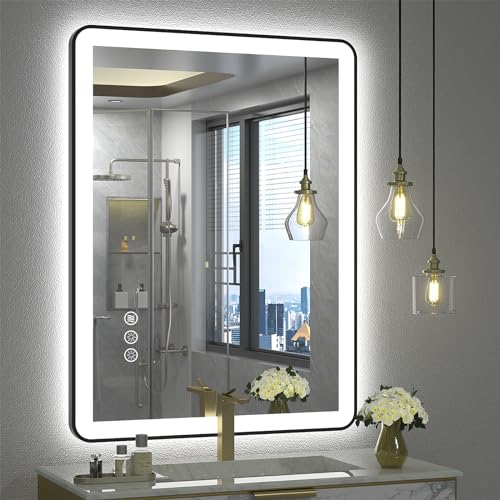 CHARMOR LED Badspiegel 71x91cm mit unabhängiger Hintergrundbeleuchtung und Frontleuchten Dimmbar Kosmetikspiegel für Wand Abgerundete Ecke Schwarzer Rahmen Antibeschlag Bruchsicher inkl von CHARMOR