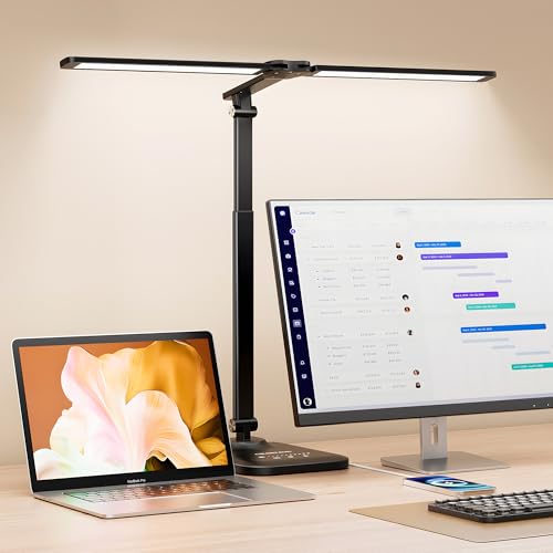 CHARYJOD Doppelkopf Schreibtischlampe LED Dimmbar, Dehnbare LED Schreibtischlampe,Schreibtisch Lampe hat 5-Farbtemperaturen und 10-Helligkeitsstufen, USB-Ladeanschluss von CHARYJOD