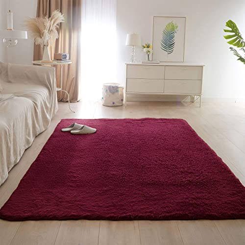 CHBIN Hochflor 40x60cm Hochflor Teppich Schaffell Teppich Zottige Teppiche Super Weich Gemütliches für Wohnzimmer Kinderzimmer Schlafzimmer Flur Läufer, Weinrot von CHBIN