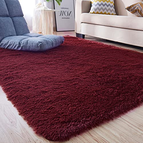 CHBIN Kunstfell 100x200cm Shaggy Teppich Modern Wohnzimmer Teppich Area Rug Faux Lammfell Flauschig für Esszimmer oder und Die Küche Cafe Lounge Sofas Usw, Weinrot von CHBIN