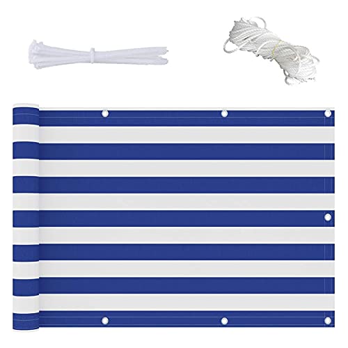 Sichtschutz 0.75x4m Balkonsichtschutz 100% Schutz der Privatsphäre mit Seil und Aluminiumösen für Garten Balkon Terrasse, Blau von CHBIN