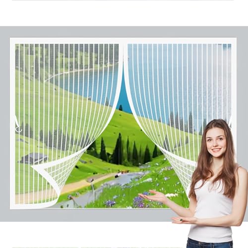 Fliegengitter Fenster Magnet 125 x 63 cm Anpassbar, Lichtdurchlässig, Einfache Montage, Selbstschließend, Magnetisches Fliegengitter für Schlafzimmertür, Fenstertür, Weiß von CHBIN