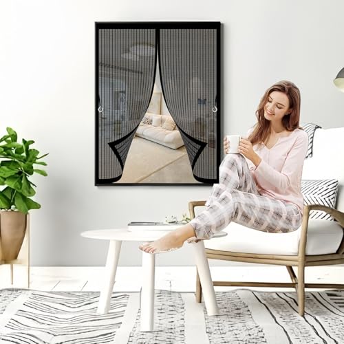 Fliegengitter Fenster Magnet 64 x 56 cm Anpassbar, Lichtdurchlässig, Einfache Montage, Selbstschließend, Fliegengitter für Fenster für Zimmertür, Veranda, Schwarz von CHBIN