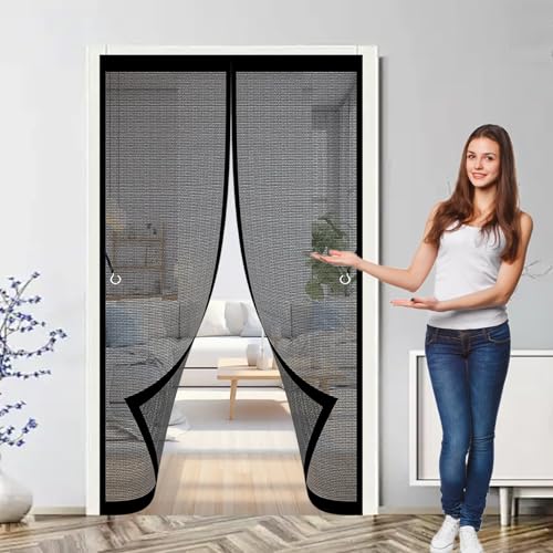 Fliegengitter Tür für Balkontüren 132 x 170 cm Ohne Bohren, Stärkere Magneten, Automatisches Schließen, Thermovorhang Tür für Schlafzimmertür, Fenstertür, Schwarz von CHBIN
