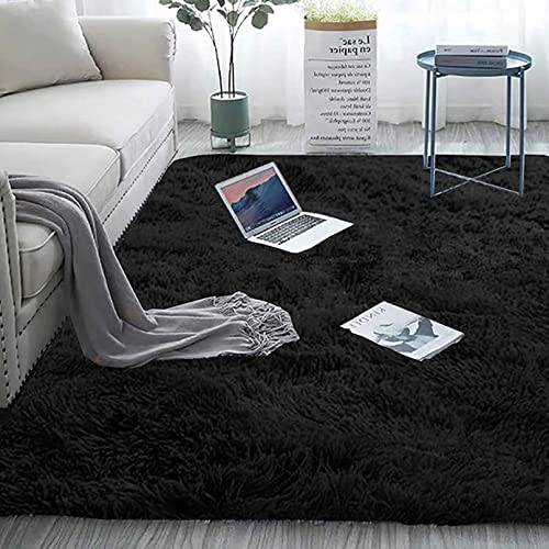 Langflor 140x220cm Carpet Wohnzimmer Wohnzimmer Teppich Home Teppich Longhair Einfach zu Säubern für Esszimmer oder und Die Küche Cafe Lounge Sofas Usw, Schwarz von CHBIN