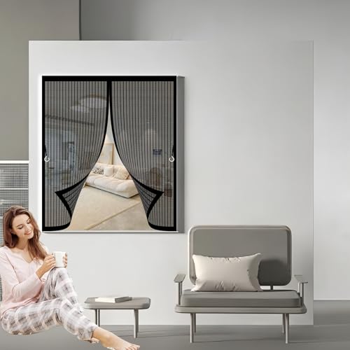 Magnet Insektenschutz Tür 103 x 220 cm Anpassbar, Lichtdurchlässig, Einfache Montage, Selbstschließend, Fliegen Gitter Fenster für Schlafzimmertür, Fenstertür, Schwarz von CHBIN