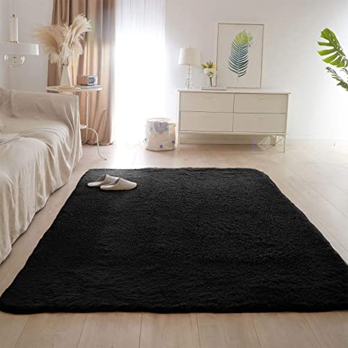 Shaggy 120x140cm Carpet Wohnzimmer Super Weich Teppich Küchenteppich Longhair Einfach zu Säubern für Wohnzimmer Kinderzimmer Schlafzimmer Flur Läufer, Schwarz von CHBIN