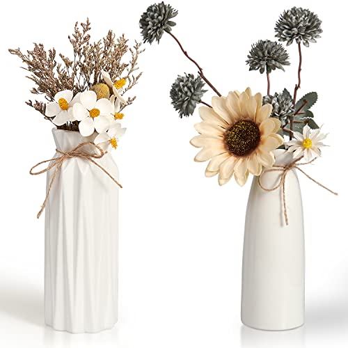2 Stück Porzellan Vase Set Keramik Blumenvasen Matt Pampasgras Vasen Tischvase Weiß Blumen Deko Modern Vasen Boho für frische Blumen Trockenblumen mit Hanfseil von CHBOP