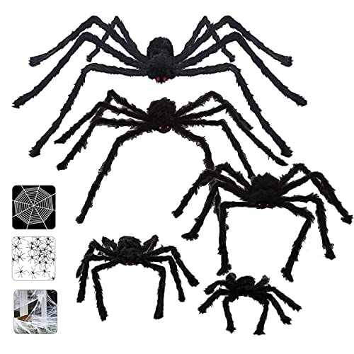 CHBOP 25 (5 groß + 20 klein) x Gruselige Spinnen Set Halloween Spinnen Riesenspinne Halloween Horror Deko mit Spinnennetz + 60g Spinnweben 90cm 75cm 60cm 50cm 30cm schwarz von CHBOP