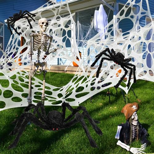 CHBOP 60㎡ riesiges Spinnennetz Halloween Dekorationen Beef Netting im Freien 10 kleinen Spinnen und 10 Bodennägeln dehnbar Flexible gruselig für Hof Party Spukhaus Garten Schaurige von CHBOP