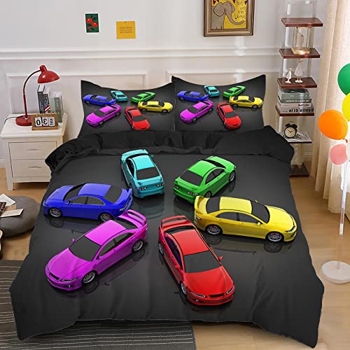 CHCHNXY BettwäSche 155x220,Farbige Autos 3D Print Bettwäsche-Set,Weich Microfaser Bettbezug Mit Leichtläufigem Reißverschluss,3 Teilig Kinderbettwäsche(2*Kissenbezug 80x80cm von CHCHNXY