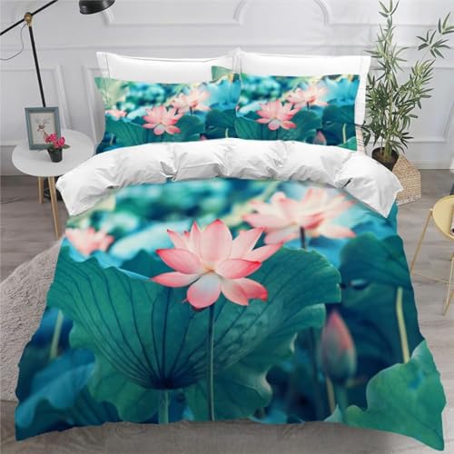 CHCHNXY BettwäSche 155x220,Lotus 3D Print Bettwäsche-Set,Weich Microfaser Bettbezug Mit Leichtläufigem Reißverschluss,3 Teilig Kinderbettwäsche(2*Kissenbezug 80x80cm von CHCHNXY