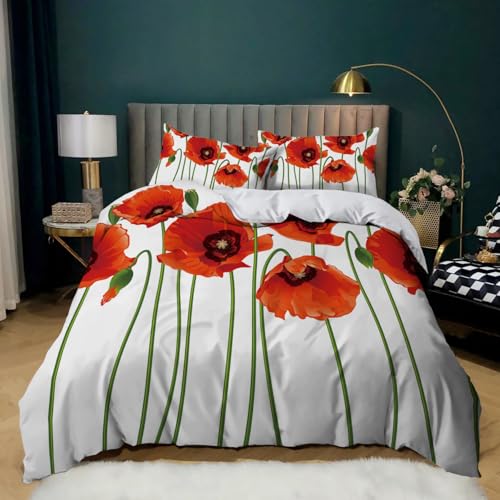 CHCHNXY BettwäSche 155x220,Mohn 3D Print Bettwäsche-Set,Weich Microfaser Bettbezug Mit Leichtläufigem Reißverschluss,3 Teilig Kinderbettwäsche(2*Kissenbezug 80x80cm von CHCHNXY