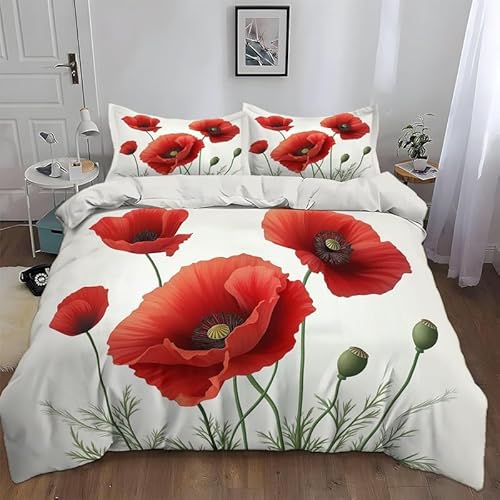 CHCHNXY BettwäSche 155x220,Mohn 3D Print Bettwäsche-Set,Weich Microfaser Bettbezug Mit Leichtläufigem Reißverschluss,3 Teilig Kinderbettwäsche(2*Kissenbezug 80x80cm von CHCHNXY