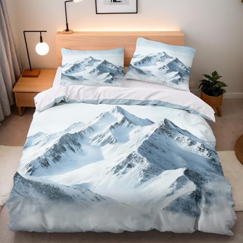 CHCHNXY BettwäSche 155x220,Snow Mountain 3D Print Bettwäsche-Set,Weich Microfaser Bettbezug Mit Leichtläufigem Reißverschluss,3 Teilig Kinderbettwäsche(2*Kissenbezug 80x80cm von CHCHNXY