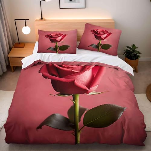 CHCHNXY BettwäSche 200x220,Rote Rose 100% Microfaser 3D Print Bettbezug Mit 2 Kissenbezug 80x80cm Mit Reißverschluss,Weich Und Angenehme Bettwäsche Set Für Erwachsener von CHCHNXY